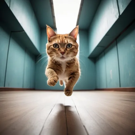 Prompt: Kamikaze Cat, wide angle perspective, surreal background, infinity vanishing point