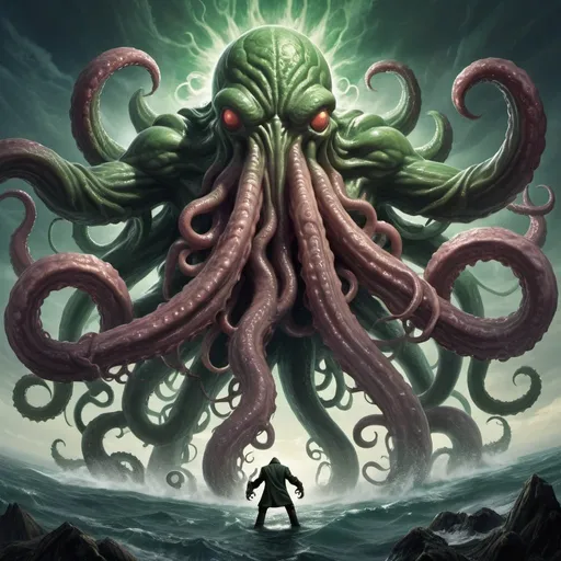 Prompt: giant Yog-Sothoth and giant Cthulhu battling each other, wide angle view, infinity vanishing point