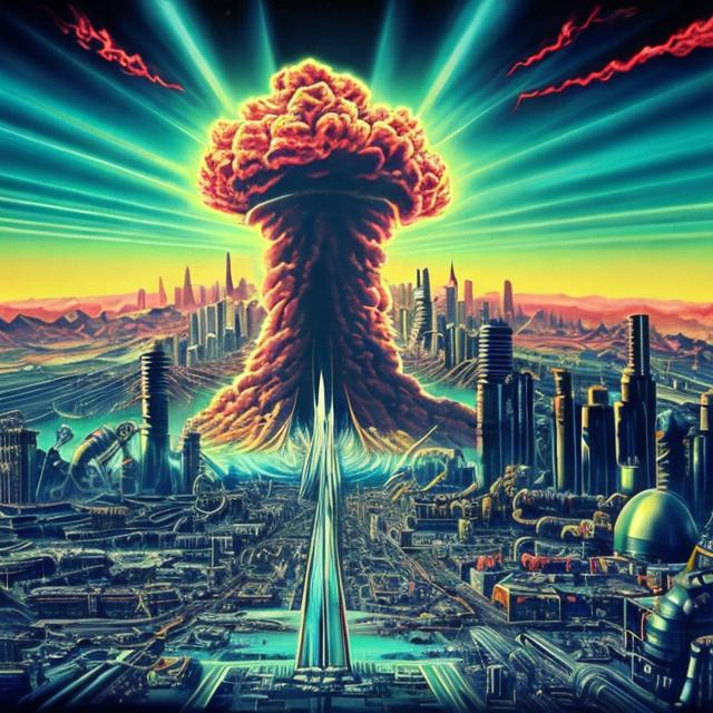 Prompt: chrome city, nuclear blast cloud background