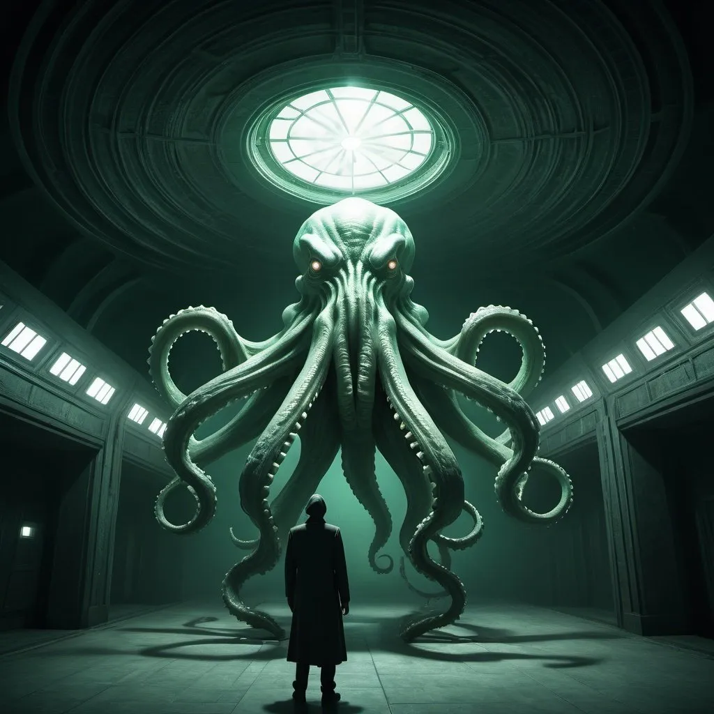 Prompt: giant space cthulu, overhead lighting, wide angle view, surreal background proportions, infinity vanishing point