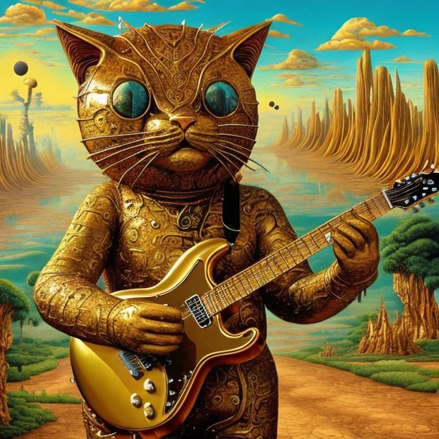 Prompt: giant gold cat playing a guitar, widescreen view, infinity vanishing point, in the style of Jacek Yerka