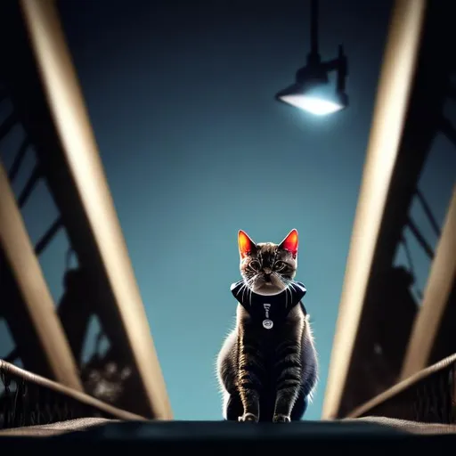 Prompt: cat dressed as a secret agent, on a dark bridge, overhead lighting, wide view