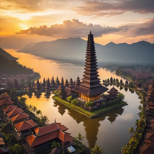 Prompt: city of Pura Ulun Danu Bratanu style mega skyscrapers, overhead golden hour lighting, extra wide angle view, infinity vanishing point