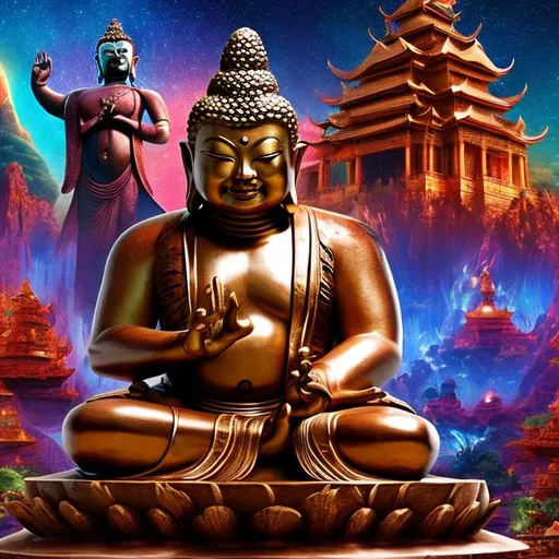 Prompt: widescreen letterbox style image of a bronze bodybuilding buddha playing many guitars in front of an exotic alien temple, tropical jungle background, galaxy sky, infinity vanishing point