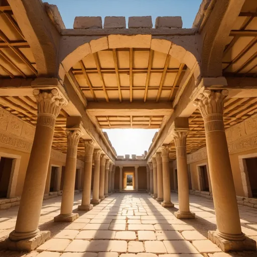 Prompt: Palace of Minos, overhead golden hour lighting, extra wide angle field of view, infinity vanishing point