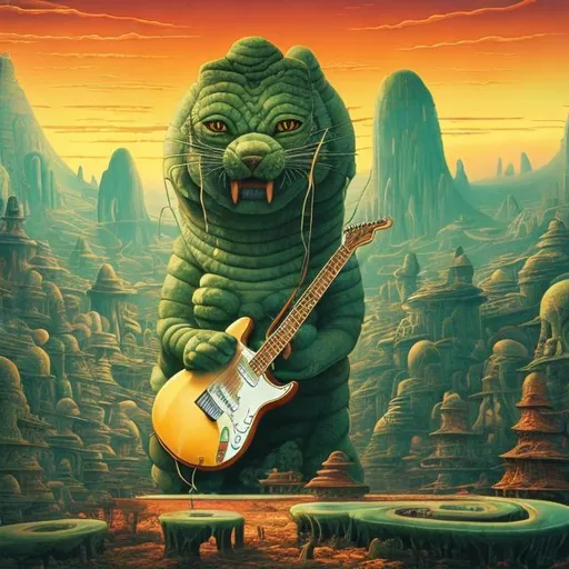 Prompt: widescreen view, infinity vanishing point, giant jade statue of giant cat playing a guitar, in the style of Jacek Yerka