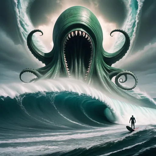 Prompt: cthulu surfing the largest giant tsunami wave, ghostship ULCC supertanker in foreground, overhead lighting, wide angle view, surreal background proportions, infinity vanishing point