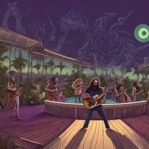 Prompt: wide view of jesus band playing guitars, at an exotic rooftop patio infinity pool, infinity vanishing point, dancing cthulhus background