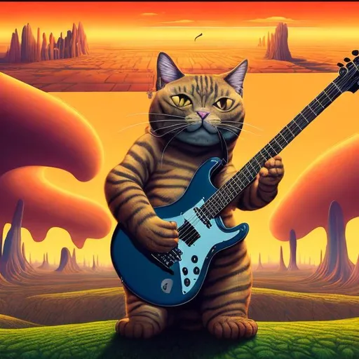 Prompt: panorama widescreen view of a giant cat playing guitar, infinity vanishing point, in the style of Jacek Yerka