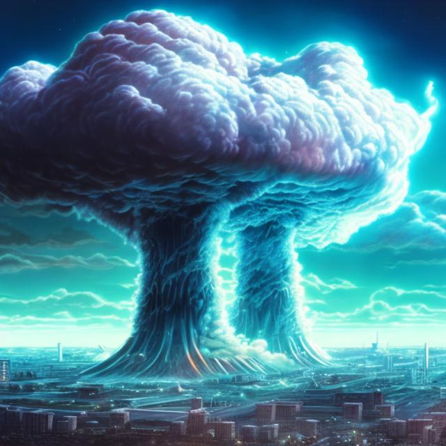 Prompt: crystal city, nuclear blast cloud background