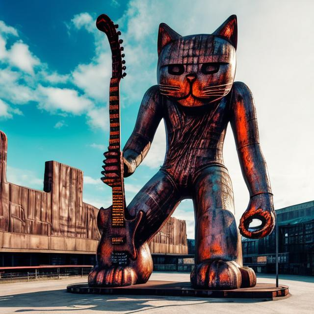 Prompt: giant rust streaked acid etched steel statue of a giant cat playing guitar, in the style of Jacek Yerka, widescreen view, infinity vanishing point