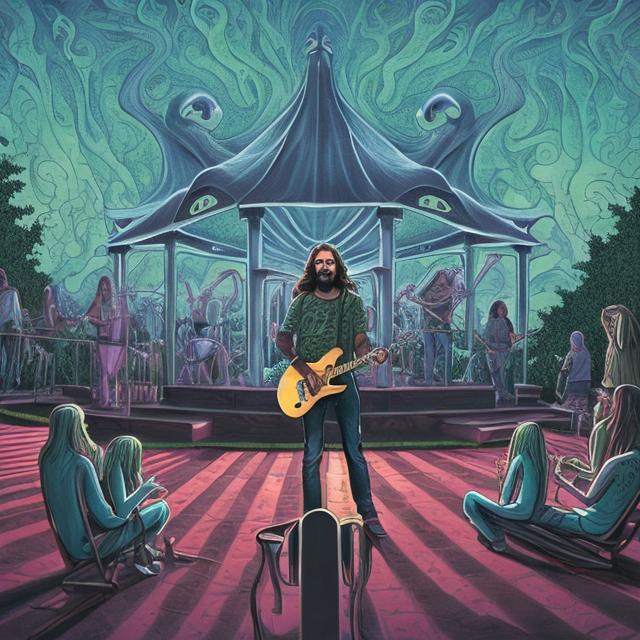 Prompt: wide perspective, jesus band playing guitars at a poolside patio gazebo barbeque, infinity vanishing point, Cthulhu nebula background
