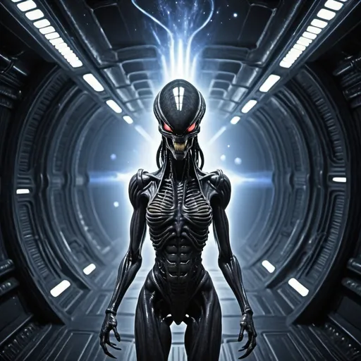 Prompt: Xenomorph Queen Power, wide angle perspective, surreal neutron star background, infinity vanishing point