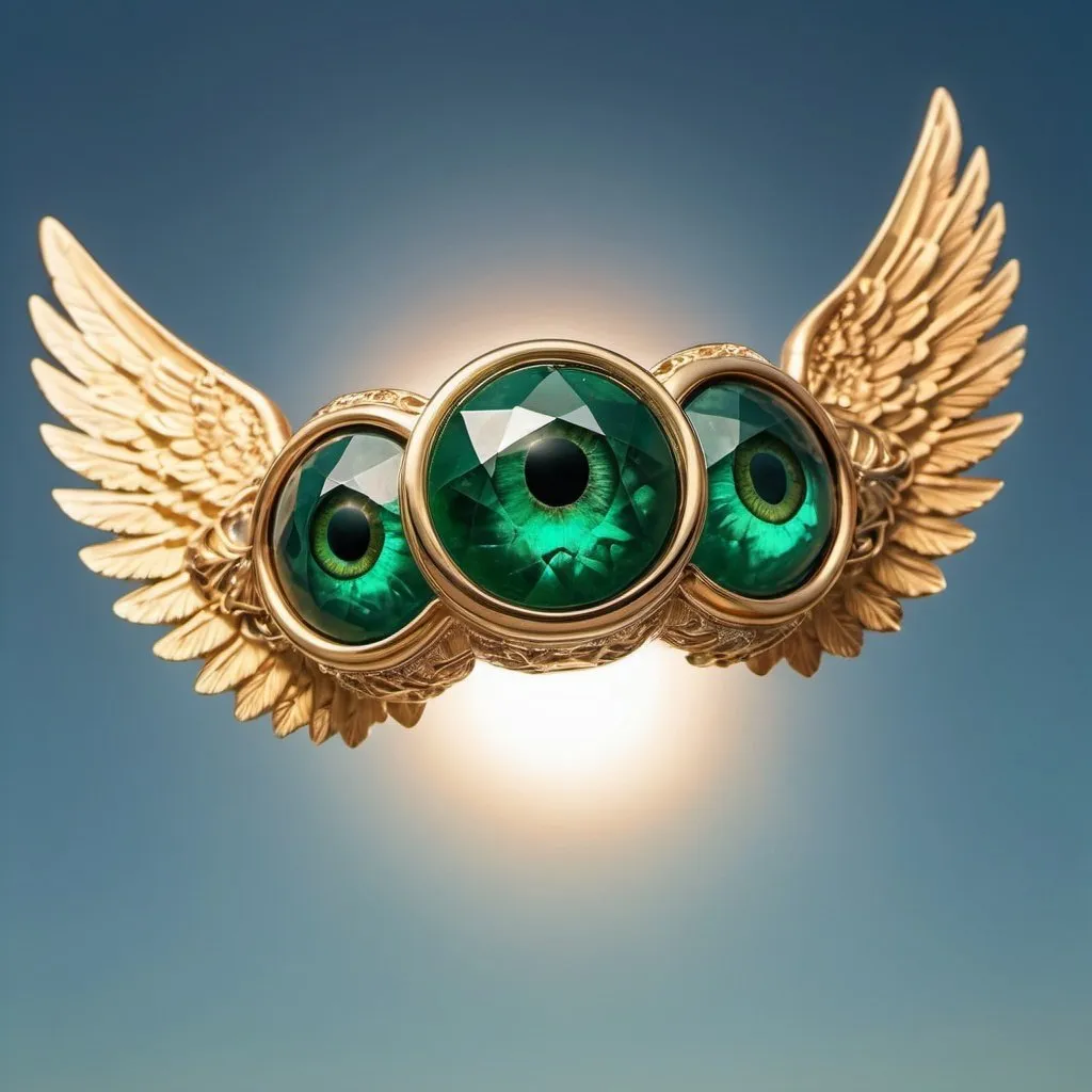 Prompt: seven giant emerald eyes on a winged ring in flight, golden hour overhead lighting, extra wide angle view, infinity vanishing point