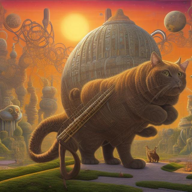 Prompt: panorama widescreen view of a giant cat playing a sitar, infinity vanishing point, in the style of Jacek Yerka