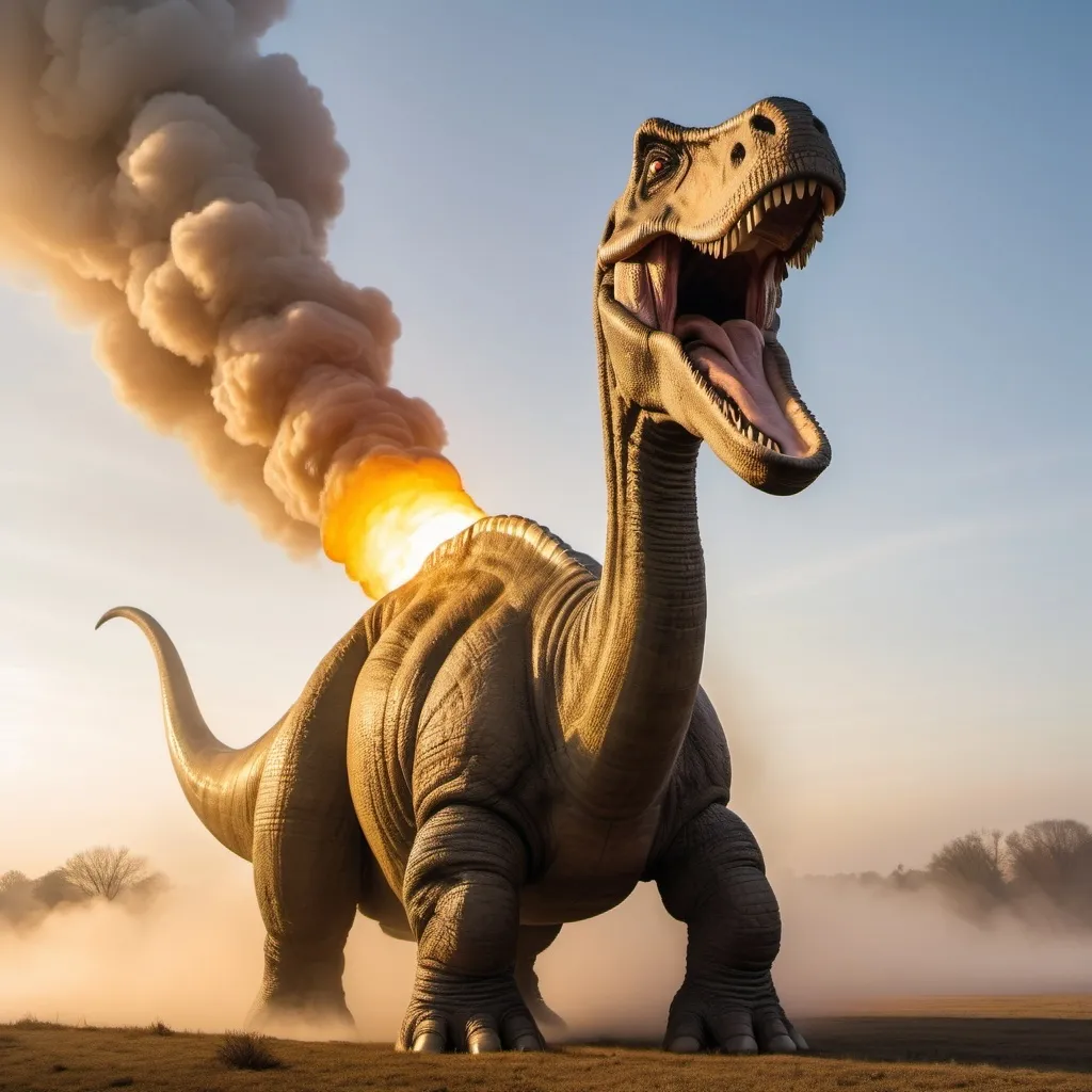 Prompt: President Trump riding the biggest giant firebreathing armored war-brontosaurus in the world, overhead golden hour lighting, foggy wide angle view, infinity vanishing point