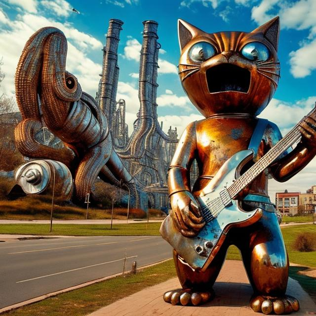 Prompt: giant rusty chrome metal statue of a giant cat playing guitar, in the style of Jacek Yerka, widescreen view, infinity vanishing point