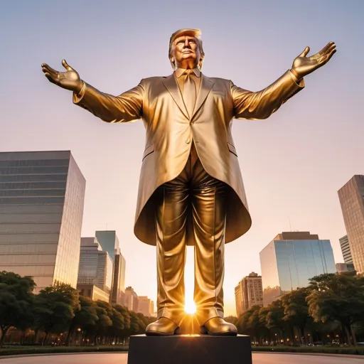 Prompt: giant strange Donald Trump statue, elegant lush city background, overhead golden hour lighting, extra wide angle field of view, infinity vanishing point