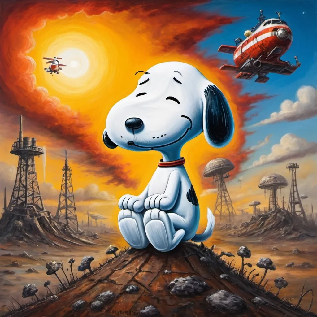Prompt: Snoopy Saves The World, post-nuclear-age-apocalyptic-science-fiction, hallucinogenic-surreal oil painting style, book cover