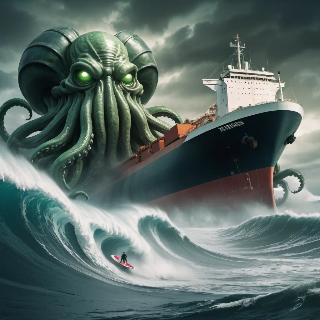 Prompt: cthulu surfing the largest giant tsunami wave, possessed ghostship ULCC supertanker in foreground, overhead lighting, wide angle view, surreal background proportions, infinity vanishing point