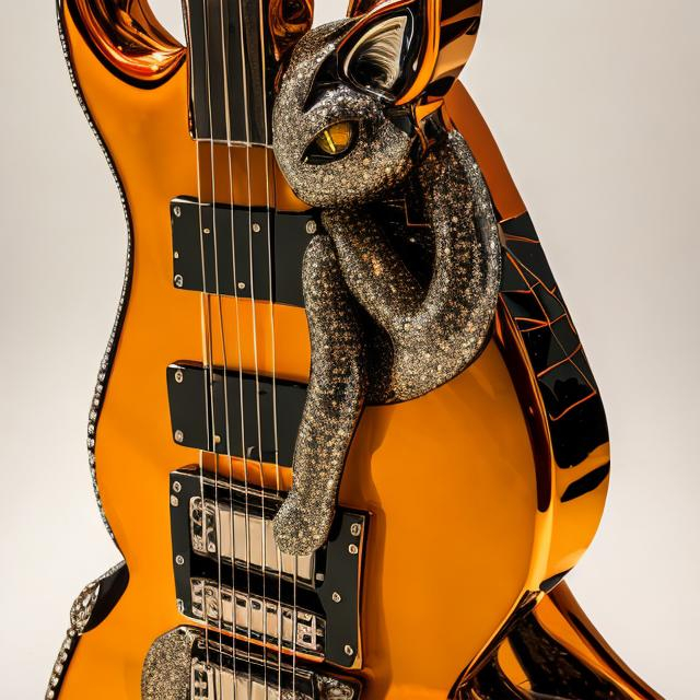 Prompt: ((((giant cat playing guitar) orange chrome statue inlaid with diamonds) in the style of Ron English) wide perspective view) infinity vanishing point