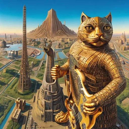 Prompt: giant steel statue damascened with gold, of a giant cat playing guitar, in the style of Jacek Yerka, wide perspective view, infinity vanishing point