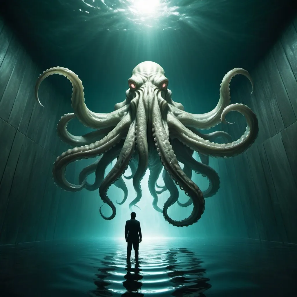 Prompt: giant water cthulu, overhead lighting, wide angle view, surreal background proportions, infinity vanishing point