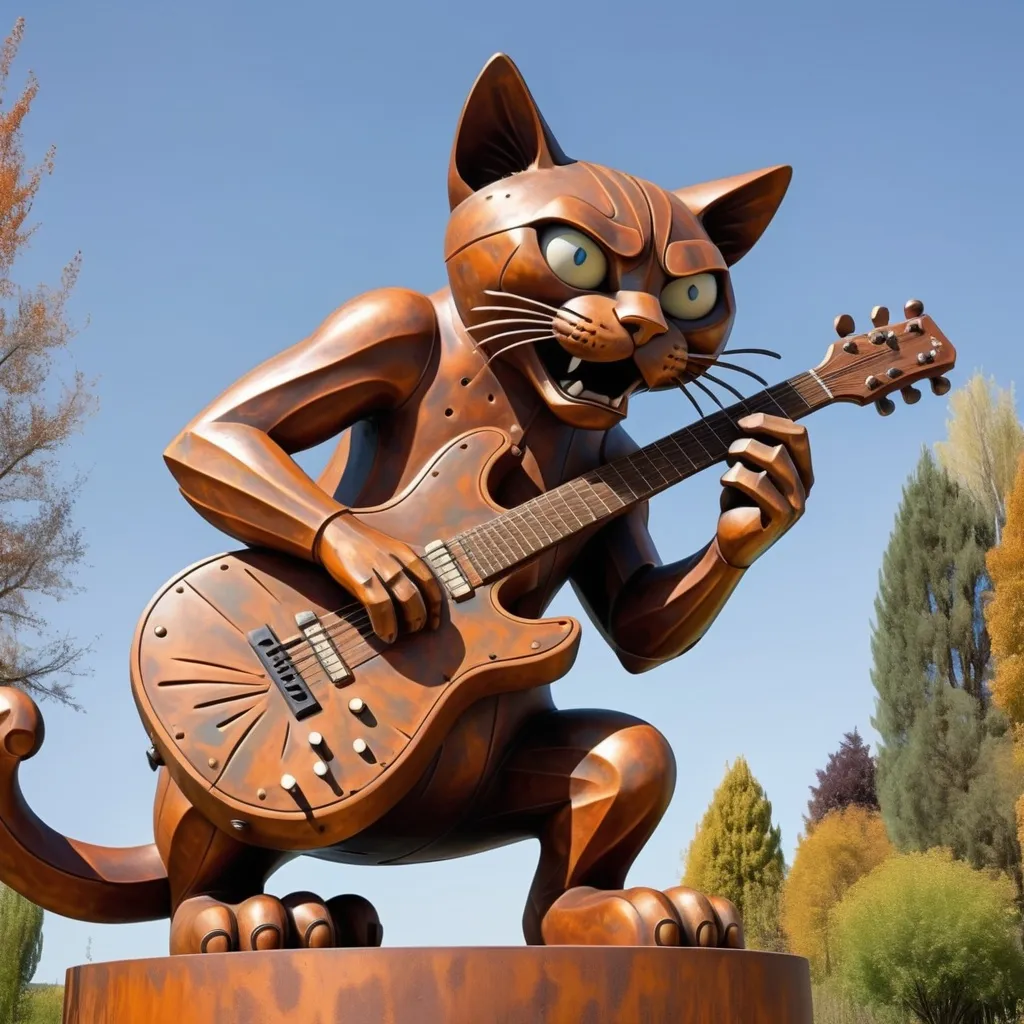 Prompt: giant rust streaked acid etched steel statue of a giant cat playing guitar, in the style of Jacek Yerka, widescreen view, infinity vanishing point