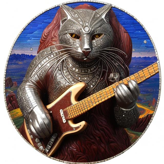 Prompt: ((((giant cat playing guitar) ruby statue inlaid with diamonds) in the style of Ernst Fuchs) wide perspective view) infinity vanishing point