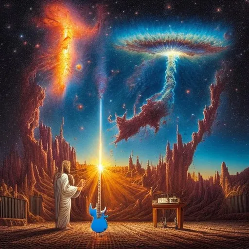 Prompt: wide view, jesus playing guitar in front of a patio bbq grill, infinity vanishing point, pillars of creation nebula background