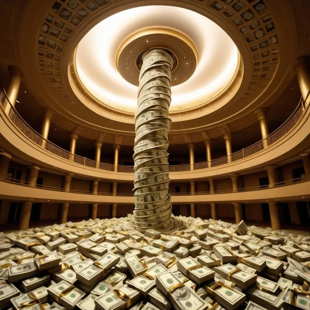 Prompt: giant tornado palace of money, overhead golden lighting, wide angle view, infinity vanishing point