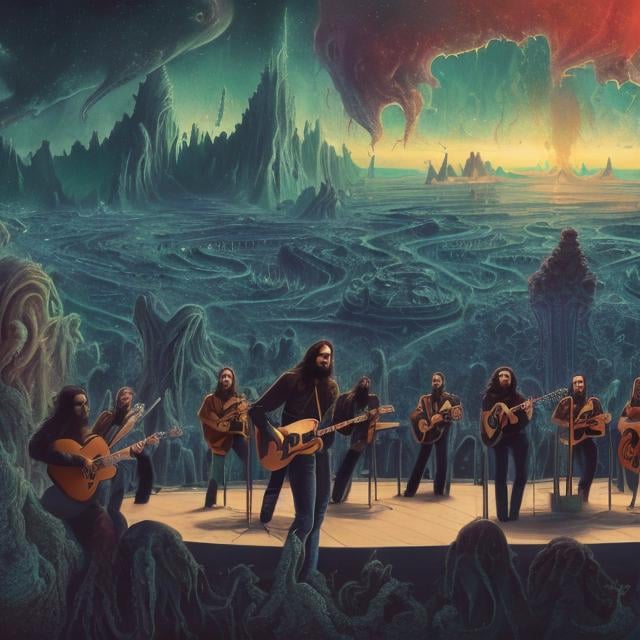Prompt: wide view of a jesus septet playing guitars, at an exotic rooftop infinity pool, infinity vanishing point, cthulhu nebula background