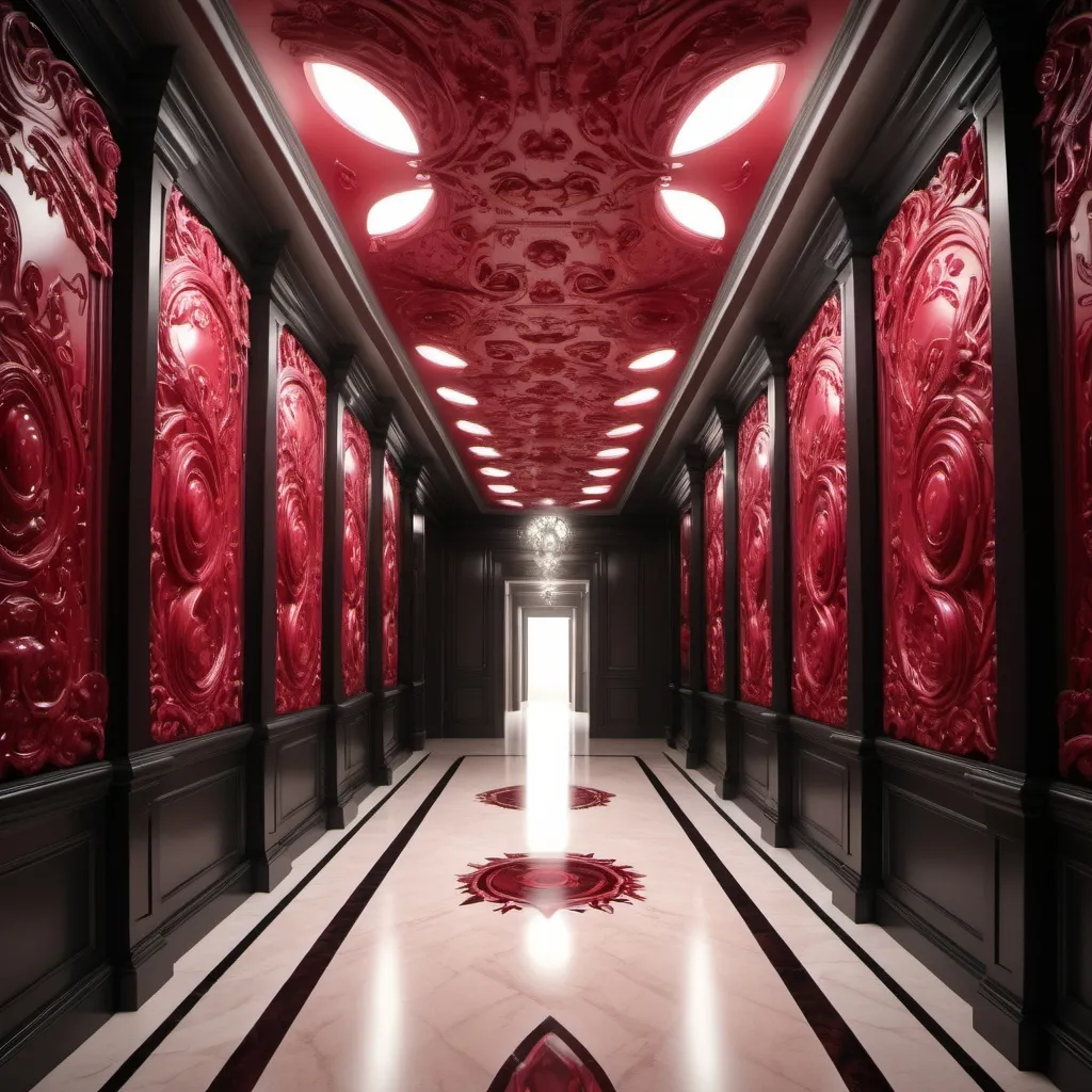 Prompt: surreal AI response, ornately detailed ruby onyx bas relief hallway, overhead lighting shadows, wide angle view, infinity vanishing point