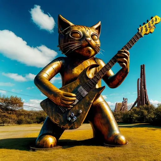Prompt: giant rust streaked yellow metal statue of a giant cat playing guitar, in the style of Jacek Yerka, widescreen view, infinity vanishing point