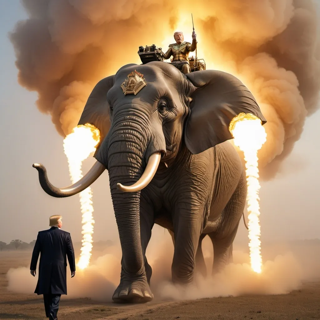 Prompt: Trump riding the biggest giant firebreathing armored war-elephant in the world, overhead golden hour lighting, foggy wide angle view, infinity vanishing point