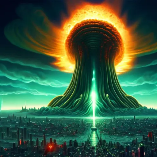 Prompt: infinite city, cthulu shaped nuclear blast cloud background
