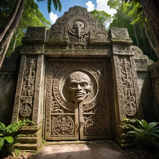 Prompt: in the Belize jungle, a giant ancient intricately detailed bas relief covered outer wall and gate to the temple of cthulhu, overhead lighting shadows, wide angle view, infinity vanishing point