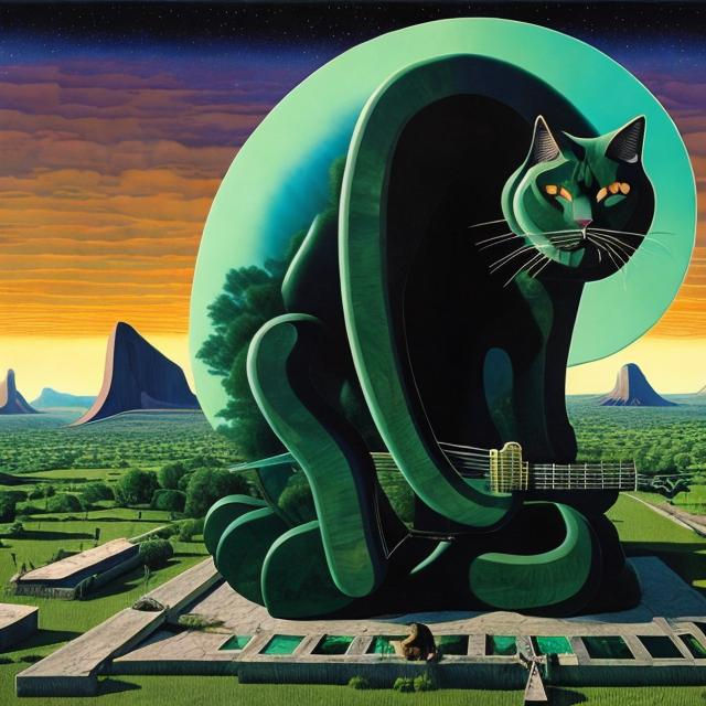 Prompt: ((((giant cat playing guitar) made of obsidian inlaid with green jade) in the style of Jacek Yerka) wide perspective view) infinity vanishing point