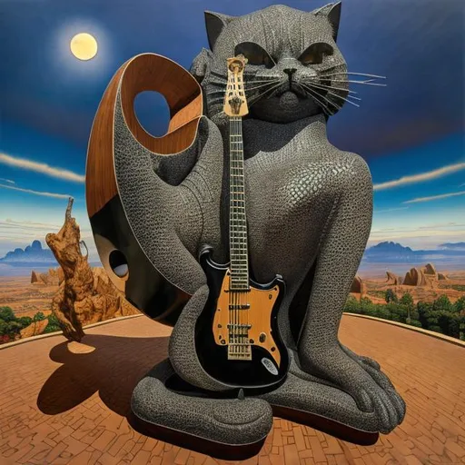 Prompt: ((((giant cat playing guitar) ebony statue inlaid with diamonds) in the style of Jacek Yerka) wide perspective view) infinity vanishing point