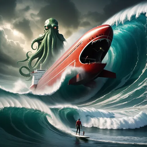Prompt: cthulu surfing the largest giant tsunami wave, ULCC supertanker in foreground, overhead lighting, wide angle view, surreal background proportions, infinity vanishing point