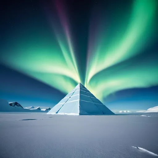 Prompt: the mysterious pyramid in antarctica, aurora borealis background, extra wide angle view, infinity vanishing point