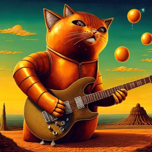 Prompt: giant orange metal cat playing a guitar, widescreen view, infinity vanishing point, in the style of Jacek Yerka