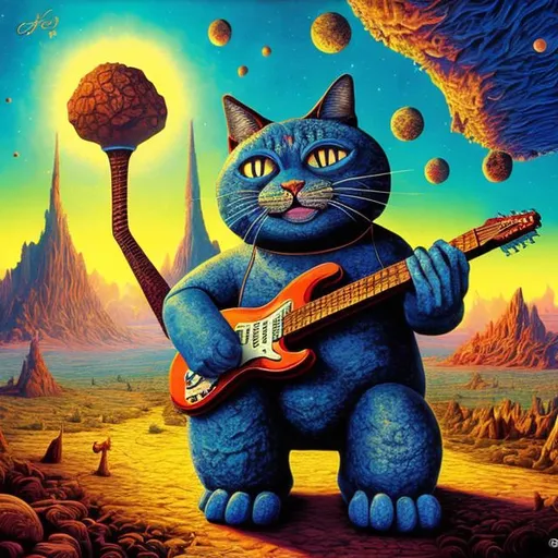 Prompt: giant Lazurite cat playing a guitar, widescreen view, infinity vanishing point, in the style of Jacek Yerka