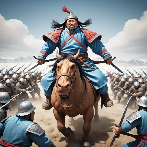 Prompt: Giant Mongol Warrior fighting against tiny NATO allies, extra wide angle field of view, propaganda poster style art