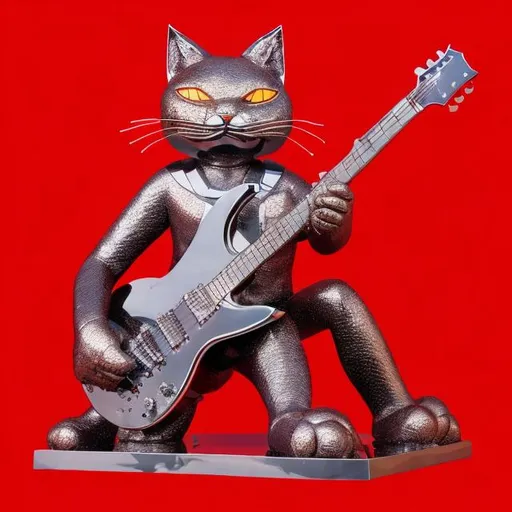 Prompt: ((((giant cat playing guitar) diamond statue inlaid with red chrome) in the style of Michael Whelan) wide perspective view) infinity vanishing point