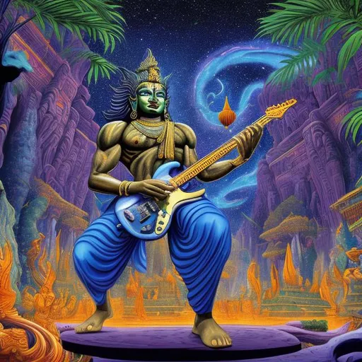 Prompt: wide view of a lazulite bodybuilding vishnu playing guitar at an exotic temple, tropical jungle background, galaxy sky, infinity vanishing point