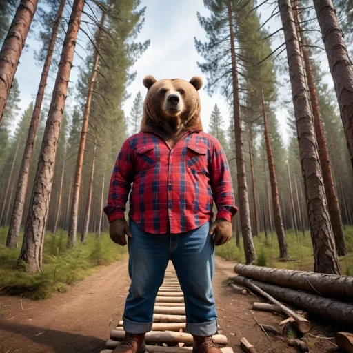 Prompt: brown bear lumberjack wearing a red flannel shirt and blue denim pants, wide angle perspective, deep forest background, infinity vanishing point
