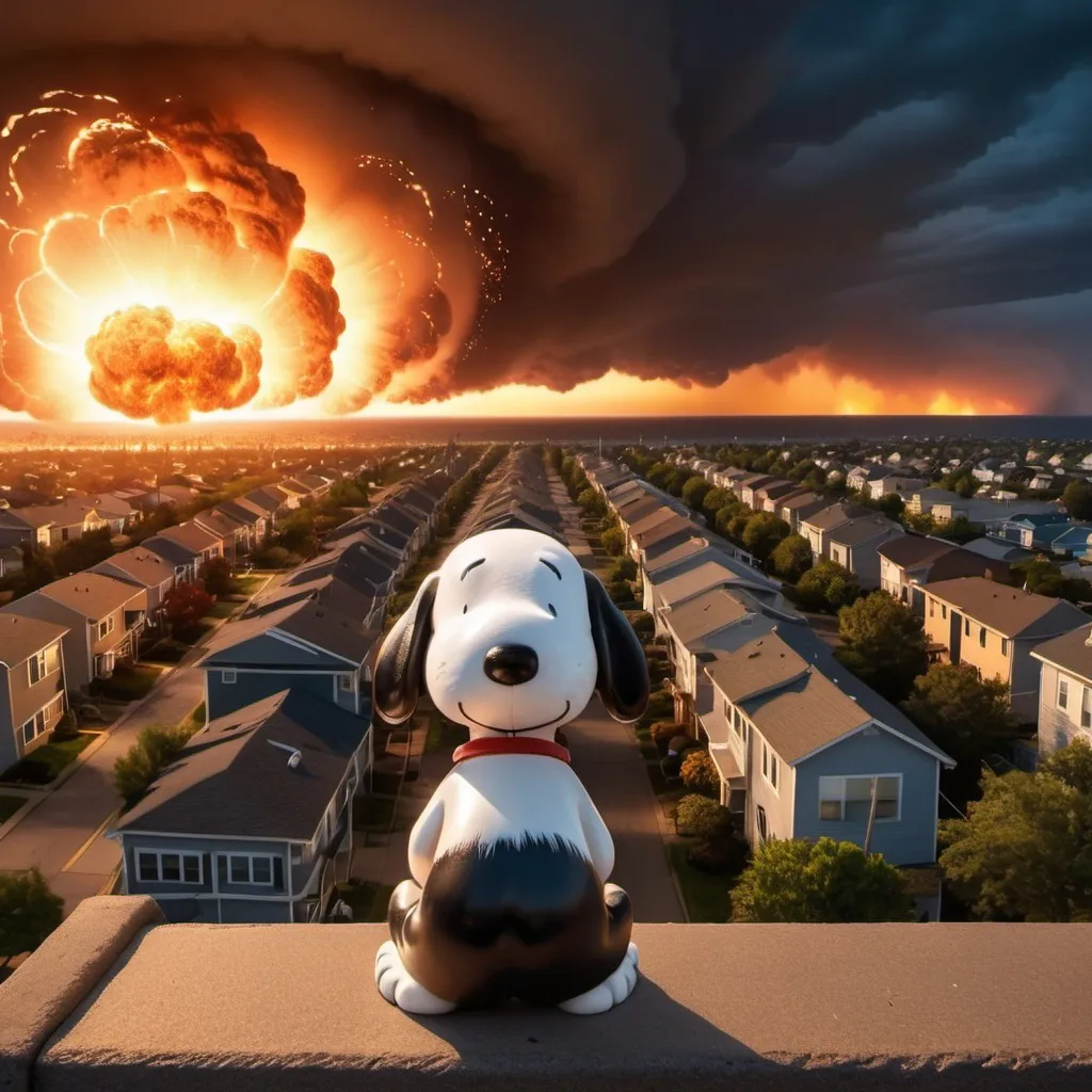 Prompt: Snoopy watching 1000 flaming meteors in the air. 100 tornados in the air. Giant tsunami tidal waves approaching. Giant city on fire. Golden hour overhead lighting, extra wide angle view, infinity vanishing point.