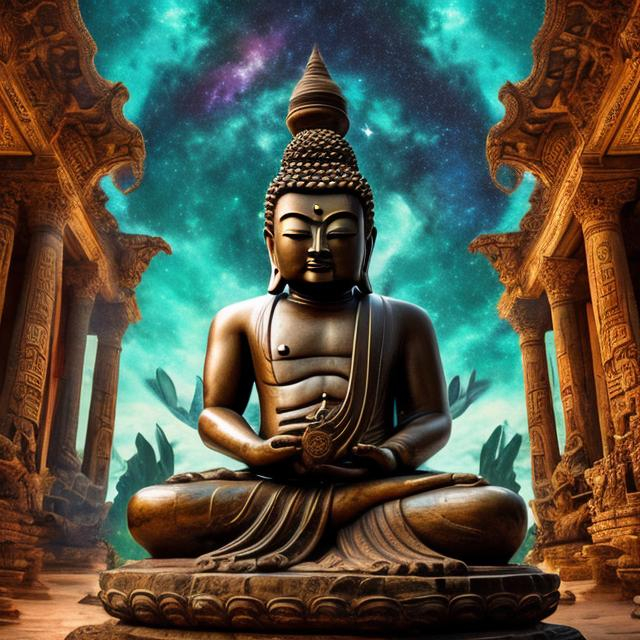 Prompt: widescreen image of an ancient patina bronze bodybuilding buddha playing guitar at an exotic temple, tropical jungle background, galaxy sky, infinity vanishing point