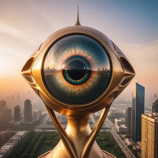 Prompt: strange 1000 meter tall supergiant eye statue, elegant lush eyeball skyscraper skyline background, overhead golden hour lighting, extra wide angle field of view, infinity vanishing point